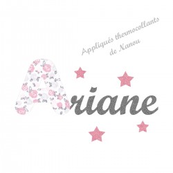 Appliqué thermocollant prénom gris écriture liberty pastel et flex pailleté