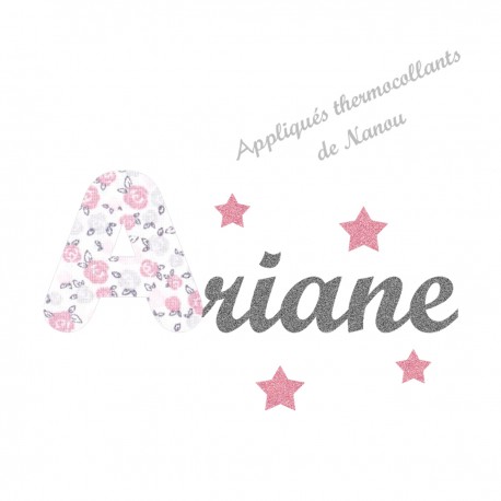 Appliqué thermocollant prénom gris écriture liberty pastel et flex pailleté