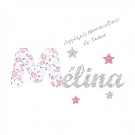 Appliqué thermocollant prénom argenté écriture liberty pastel et flex pailleté