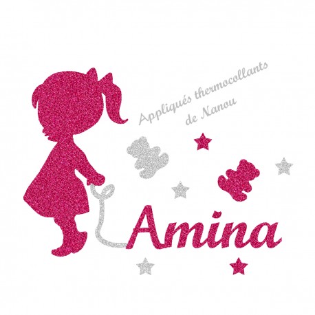 Appliqué thermocollant personnalisé bébé fillette fuchsia prénom en flex pailleté