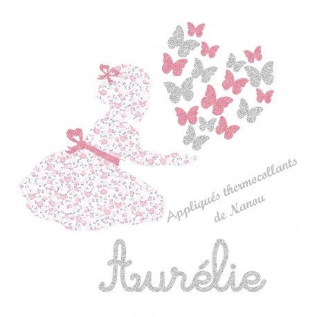 Appliqué thermocollant personnalisé fillette liberty pastel et papillons en flex pailletépailleté