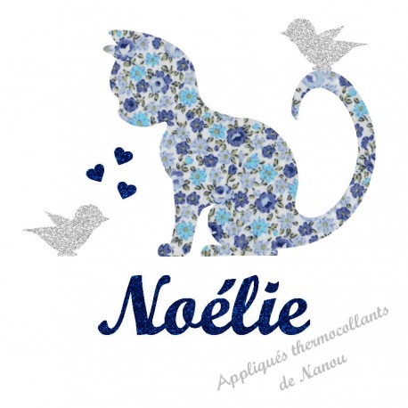 Appliqué thermocollant personnalisé chat et oiseau liberty bleu et flex pailleté