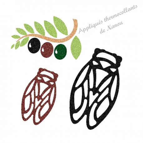 Appliqué thermocollant cigales et olives en flex pailleté