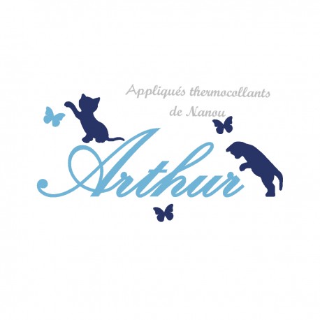 Appliqué thermocollant velours bleu prénom 2 chats