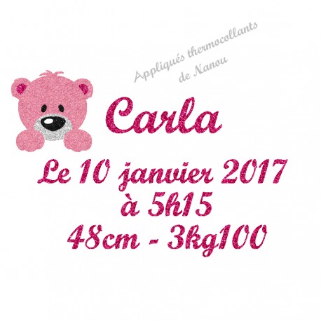 Appliqué thermocollant prénom ours rose date taille naissance en flex pailleté