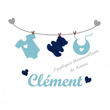 Appliqué thermocollant bébé layette bleu personnalisé flex pailleté
