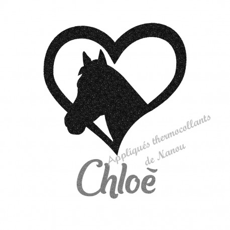 Appliqué thermocollant coeur cheval noir personnalisé flex pailleté