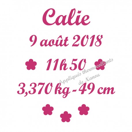 Appliqué thermocollant prénom fleurs date taille naissance en flex velours