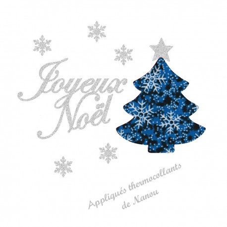 Appliqué thermocollant joyeux Noël sapin bleu en flex pailleté et tissu