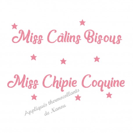 Appliqué thermocollant miss câlins bisous chipie coquine en flex pailleté