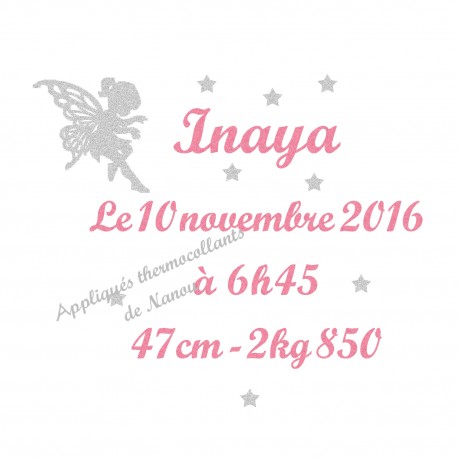 Appliqué thermocollant prénom fée date taille naissance en flex pailleté
