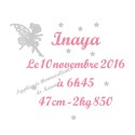Appliqué thermocollant prénom fée date taille naissance en flex pailleté