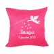 Housse coussin rose personnalisé de naissance ange en flex pailleté