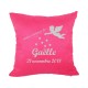Housse coussin rose personnalisé de naissance ange en flex pailleté