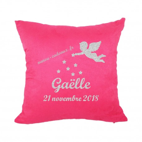 Housse coussin rose personnalisé de naissance ange en flex pailleté