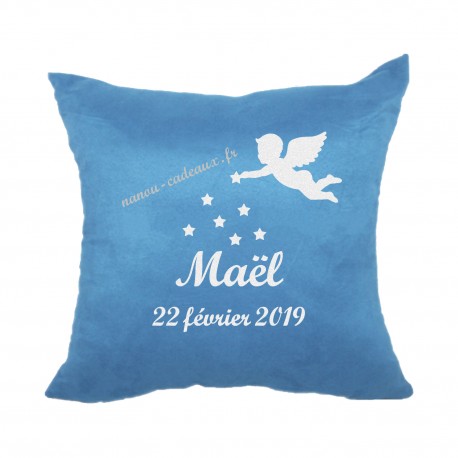 Coussin naissance personnalisé bleu ange velours housse