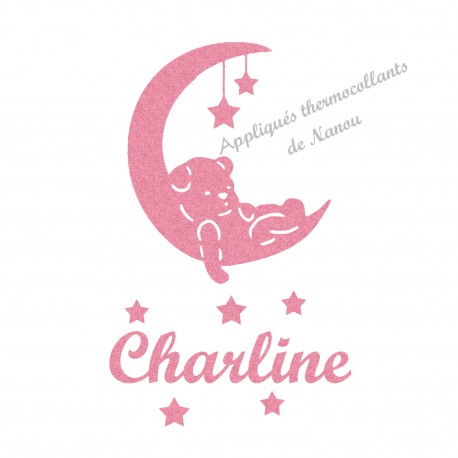 Appliqué thermocollant personnalisé ours lune fille en flex pailleté