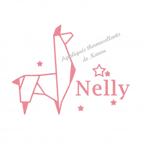Appliqué thermocollant personnalisé llama origami fille en flex pailleté