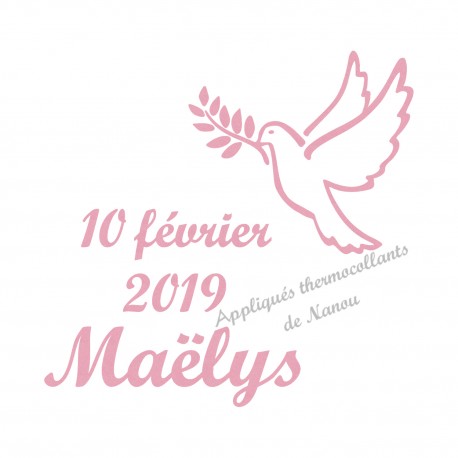 Appliqué thermocollant colombe prénom date baptême naissance