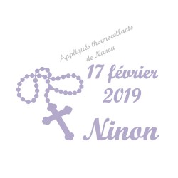 Appliqué thermocollant velours chapelet prénom date baptême