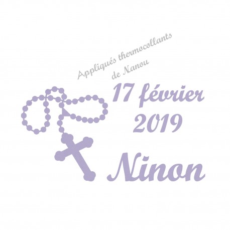 Appliqué thermocollant velours chapelet prénom date baptême