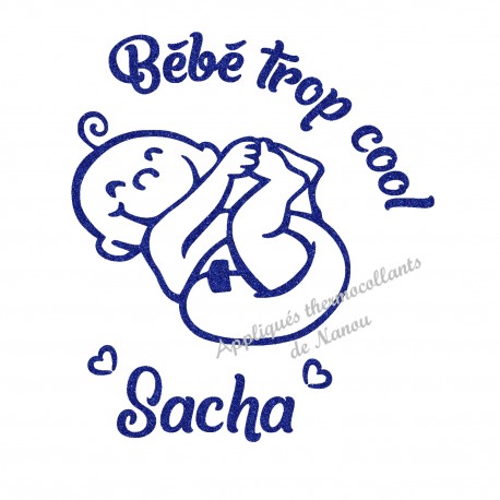 Appliqué thermocollant garçon bébé cool prénom en flex pailleté