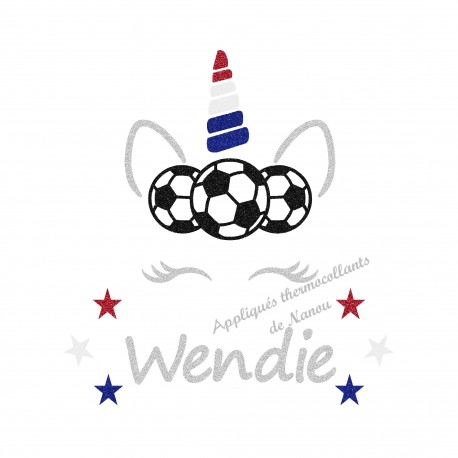 Appliqué thermocollant licorne football France personnalisé en flex pailleté