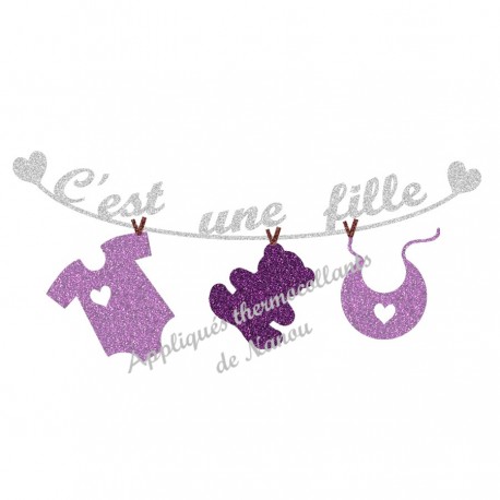 Appliqué thermocollant personnalisé naissance bébé fille mauve en flex pailleté