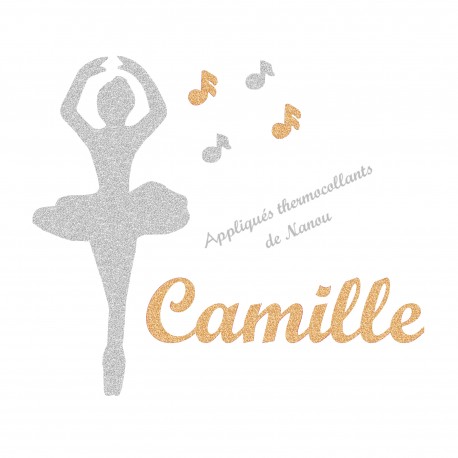 Appliqué thermocollant danseuse argent musique en flex pailleté