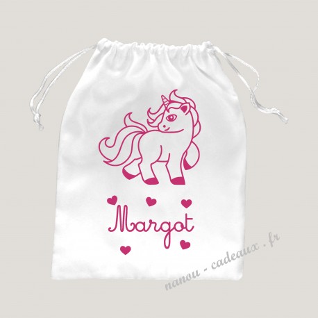 Petit sac pochon adorable licorne personnalisé prénom velours