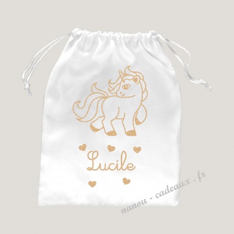 Petit sac pochon licorne coeur personnalisé prénom pailleté