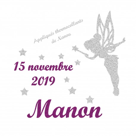 Appliqué thermocollant prénom date fée en flex brillant