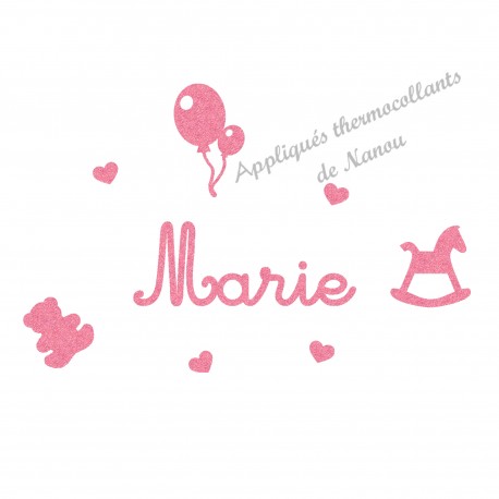 Prénom et jouets en appliqué thermocollant personnalisé pailleté