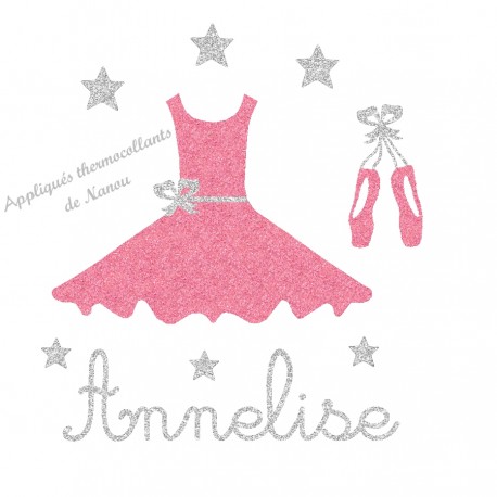 Appliqué thermocollant personnalisé tutu danse et ballerine rose en flex pailleté