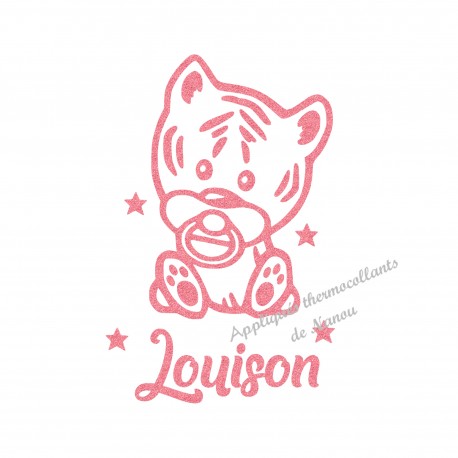 Appliqué thermocollant bébé tigre avec prénom personnalisé en flex pailleté