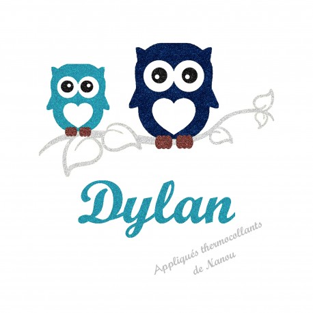 Appliqué thermocollant personnalisé chouettes en flex pailleté bleu