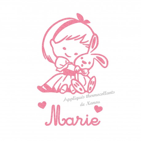 Appliqué thermocollant fille lapin doudou personnalisé avec prénom pailleté