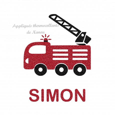 Appliqué thermocollant camion pompier personnalisé avec prénom pailleté