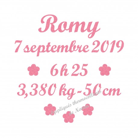 Appliqué thermocollant prénom date taille naissance en flex pailleté