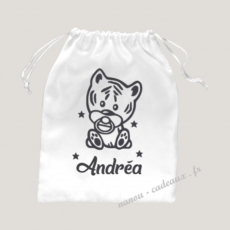 Petit sac personnalisé bébé tigre avec prénom velours pochon
