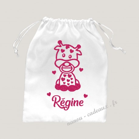 Sac pochon personnalisé bébé girafe avec prénom pailleté