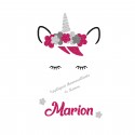 Licorne fleurie prénom personnalisé en appliqué thermocollant pailleté