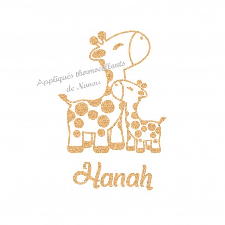 Girafe bébé et sa maman prénom thermocollant pailleté personnalisé