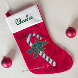Chaussette de noël personnalisée sucre d'orge avec prénom velours ou pailleté
